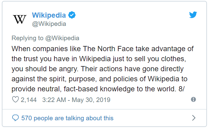 screenshot of Wikipedia's criticism of The North Face's tampering with their destination images